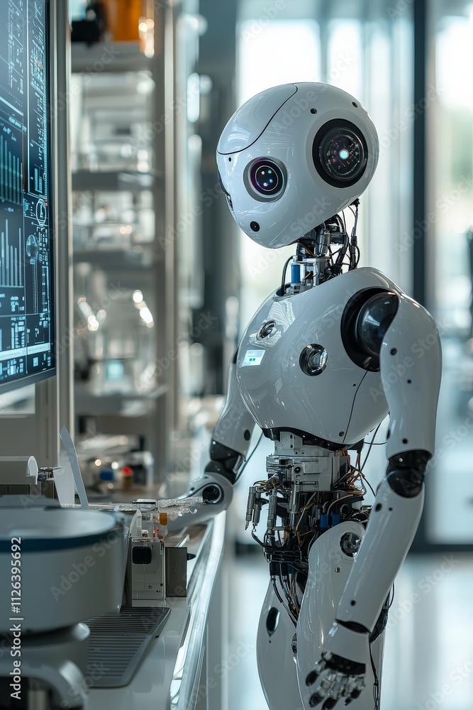 Autonomous robot analyzing data on a screen in a laboratory, modern background with equipment and clean surfaces, Autonomous robot analyzing data on a screen in a laboratory, modern background with equipment and clean surfaces,