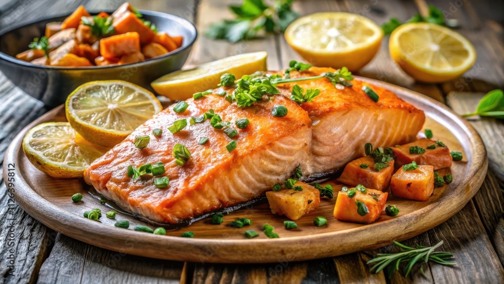 Golden-baked salmon and vibrant roasted sweet potatoes, a culinary panorama captured in stunning detail. Golden-baked salmon and vibrant roasted sweet potatoes, a culinary panorama captured in stunning detail.