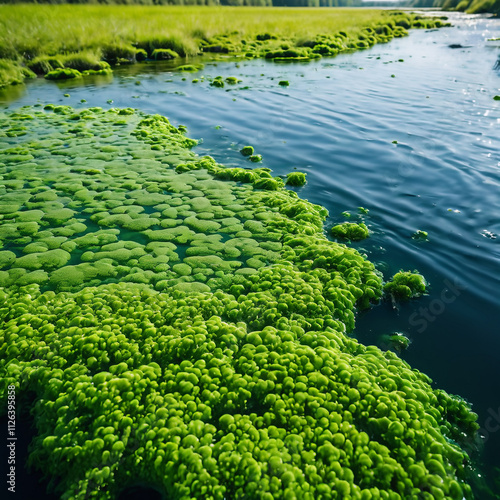 Algen - Grüne Algen im klaren Flusslauf photo