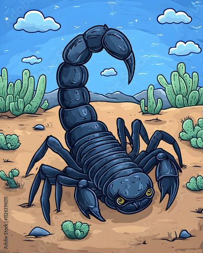 A large black scorpion in a desert landscape. photo