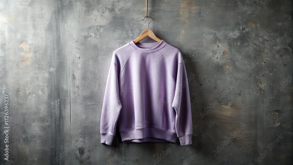 Grey wood hanger displays a rustic lavender sweatshirt, styled like mouthwatering food photography. Grey wood hanger displays a rustic lavender sweatshirt, styled like mouthwatering food photography.