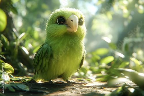 Adorable green parrot chick in lush forest. photo