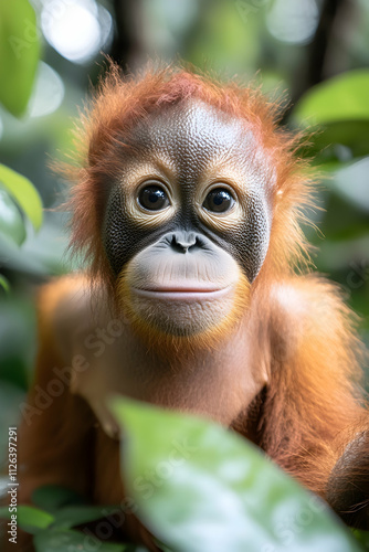 Adorable orangutan infant peering from lush foliage. photo