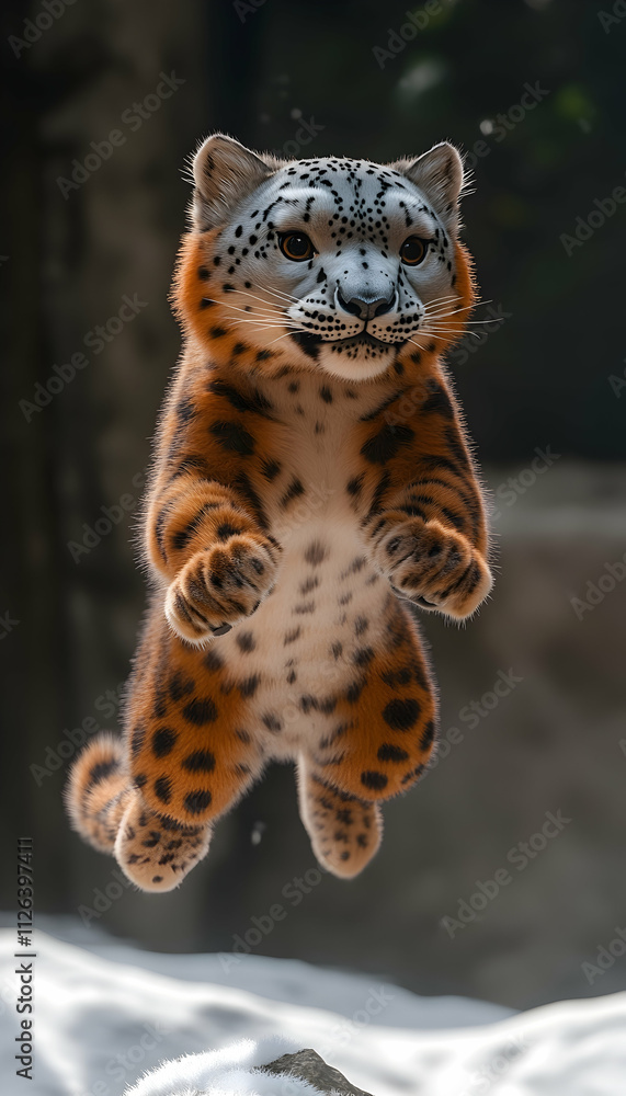 Fototapeta premium Adorable snow leopard cub leaps playfully in mid-air, against a blurred background of snow.