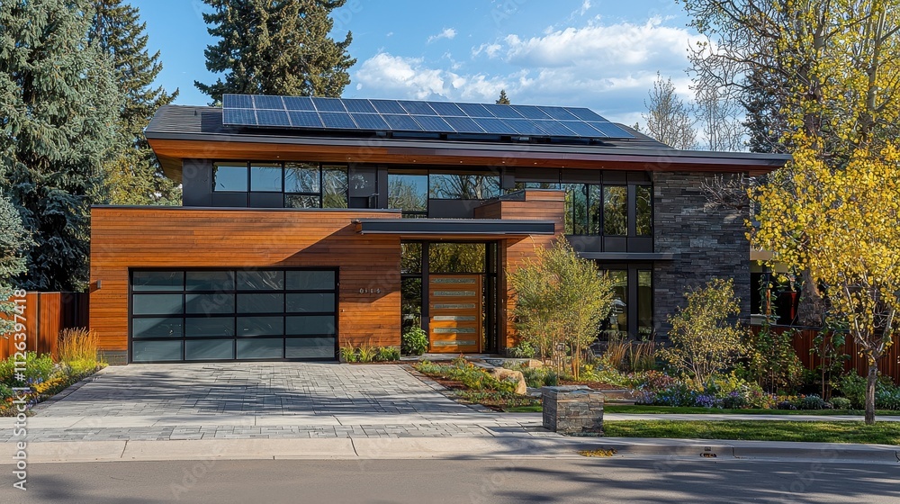 Modern Sustainable Home with Solar Panels and Elegant Stone and Wood Exterior Showcasing Eco-Friendly Design Modern Sustainable Home with Solar Panels and Elegant Stone and Wood Exterior Showcasing Eco-Friendly Design