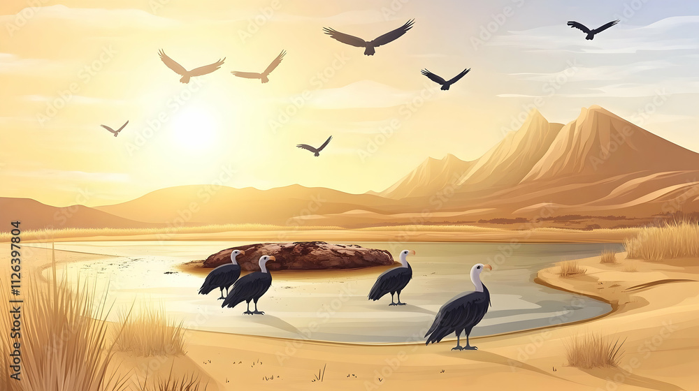 Naklejka premium Birds near a lake at sunset in a desert landscape.