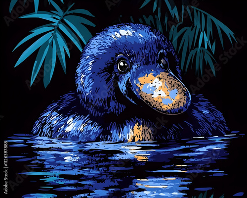 Blue platypus swimming in dark water, surrounded by lush tropical foliage at night. photo