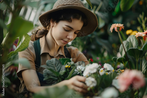 Generative AI Image of Gardener Caring for Flowers and Plants in a Vibrant Greenhouse Garden photo