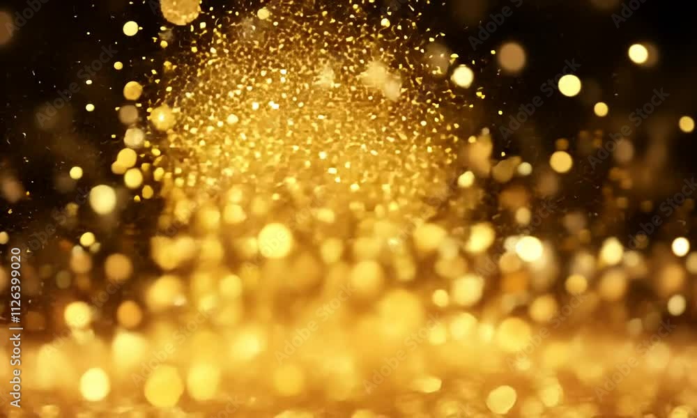 Explosion de paillettes dorées scintillantes sur fond sombre, effet lumineux et festif pour célébrations, ambiance glamour et luxueuse Nouvel an, anniversaire, fête, noël