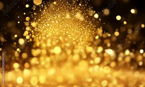 Explosion de paillettes dorées scintillantes sur fond sombre, effet lumineux et festif pour célébrations, ambiance glamour et luxueuse Nouvel an, anniversaire, fête, noël