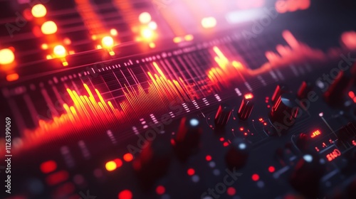 Red illuminated soundboard with knobs and audio waves.