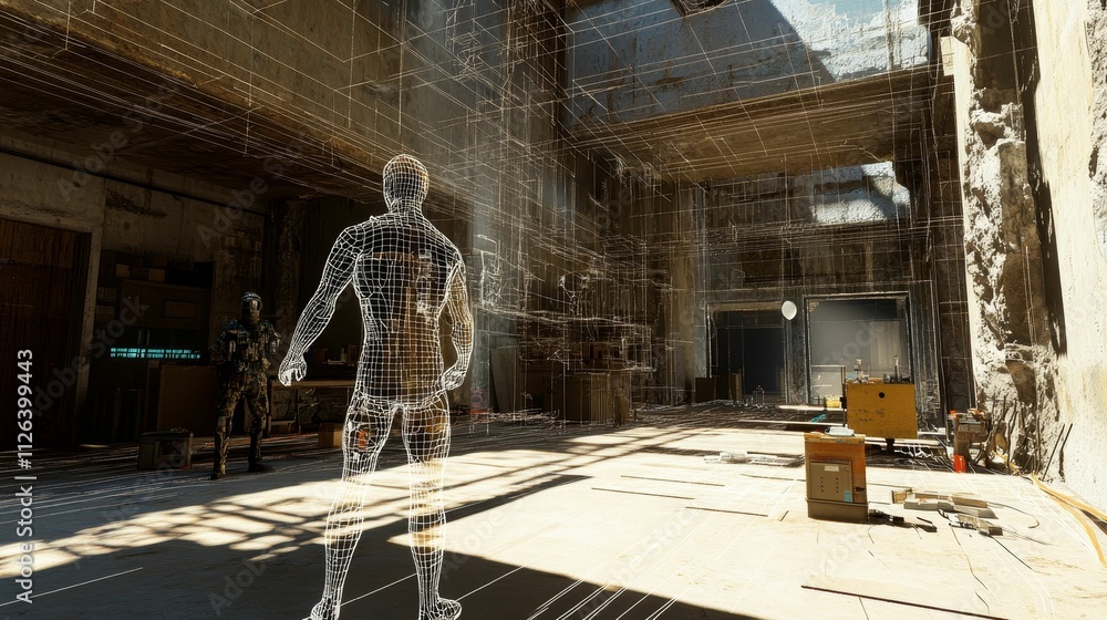 Wireframe figure in dilapidated building, construction lines. Wireframe figure in dilapidated building, construction lines.