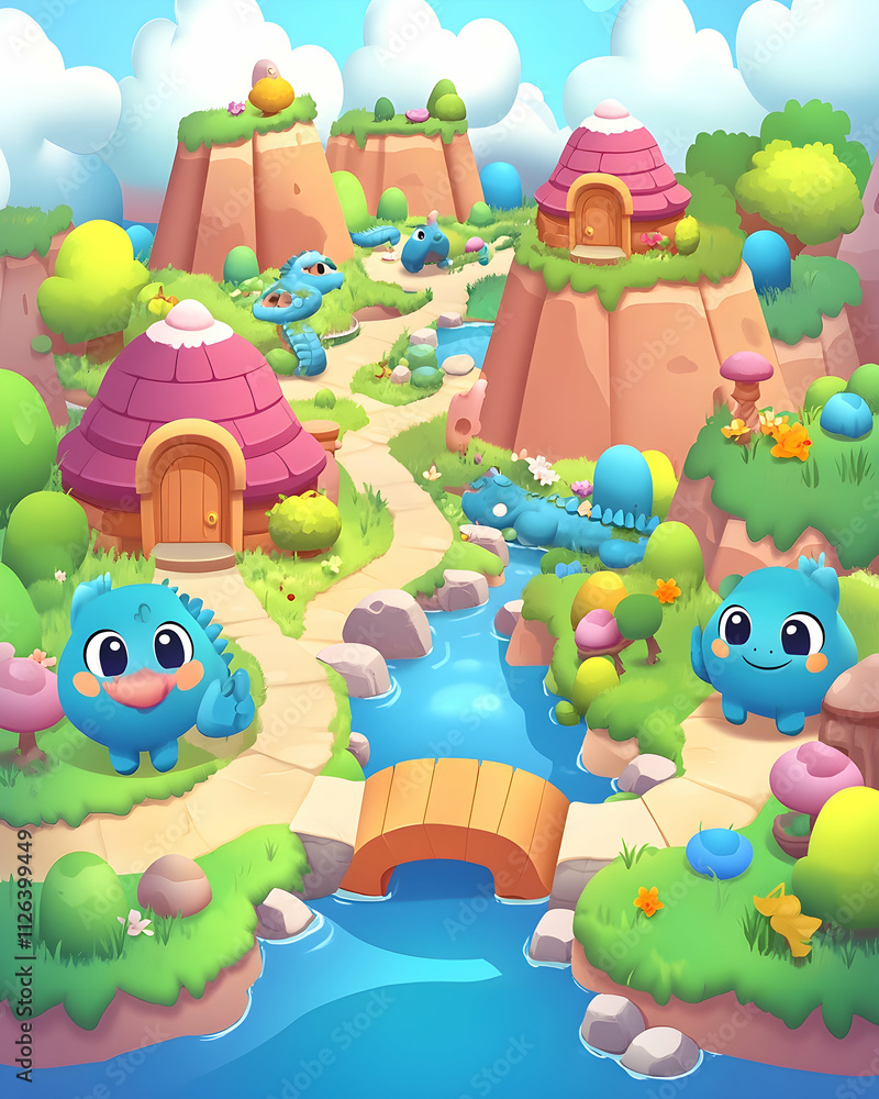 Cute cartoon village scene with creatures, houses, river, path, and hills. Cute cartoon village scene with creatures, houses, river, path, and hills.
