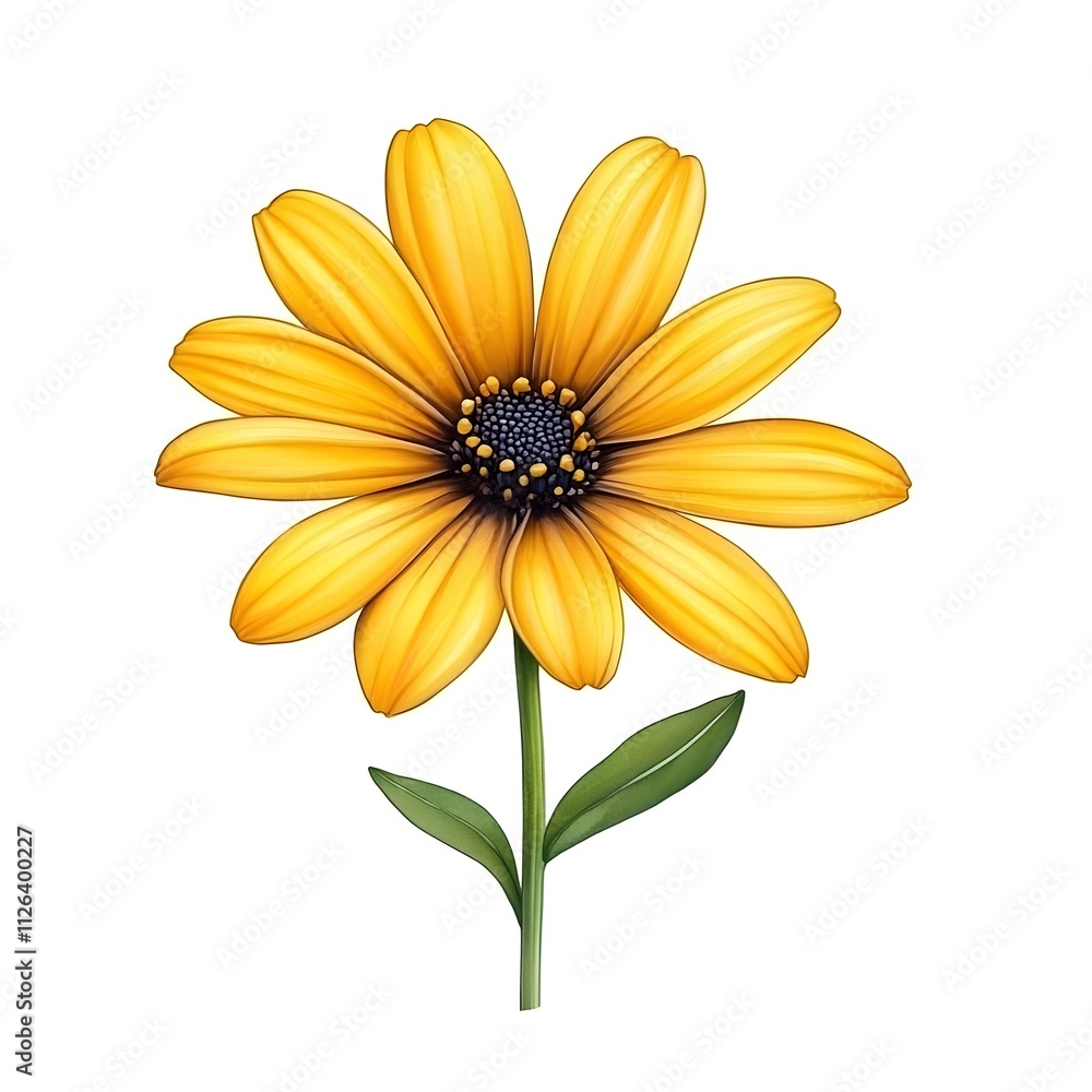 Fototapeta premium Vibrant Yellow Flower with Detailed Petals and Green Leaf on White Background for Nature Themes and Floral Designs