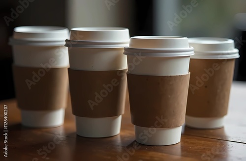 Close-up of coffee cups with lids and cardboard sleeves
