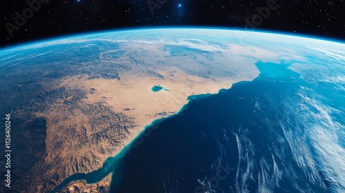 Ultra detailed, photorealistic image of Earth from space with a view of the Suez Canal