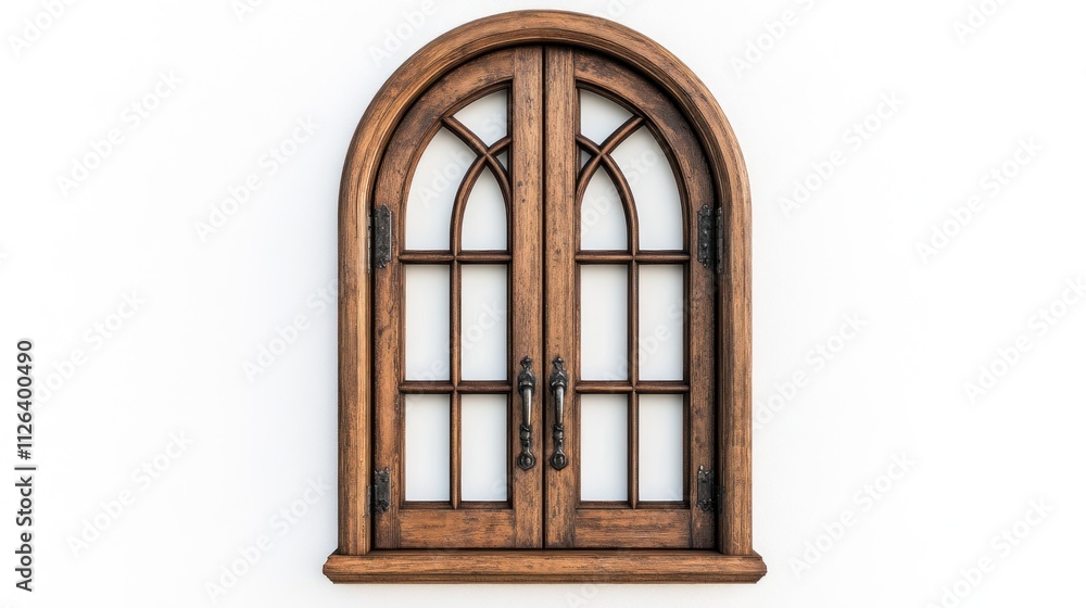 A wooden arched window with glass panes and decorative handles. A wooden arched window with glass panes and decorative handles.