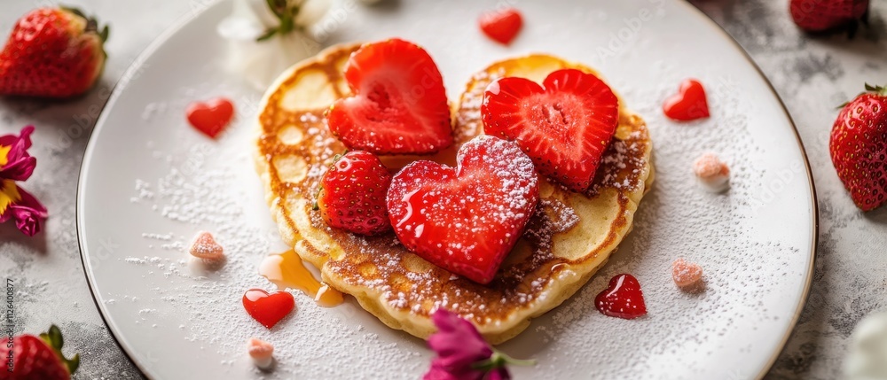 Delicious heart-shaped pancakes topped with strawberries and fresh flowers on a dark plate Delicious heart-shaped pancakes topped with strawberries and fresh flowers on a dark plate
