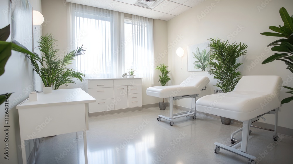 A clean and modern treatment room with two examination tables and indoor plants. A clean and modern treatment room with two examination tables and indoor plants.