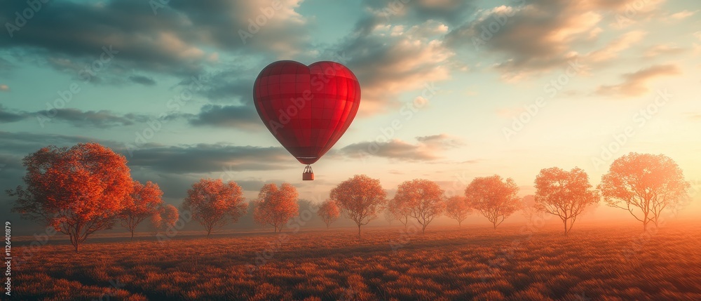 Fototapeta premium Colorful heart-shaped hot air balloons float over a serene landscape at sunset with blooming pink trees