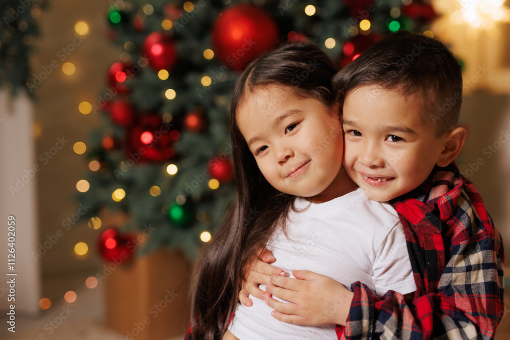happy asian children hugging against christmas tree background in cozy room decorated with garlands happy asian children hugging against christmas tree background in cozy room decorated with garlands