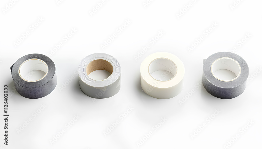 Collage with light grey insulating tape on white background, different sides Collage with light grey insulating tape on white background, different sides