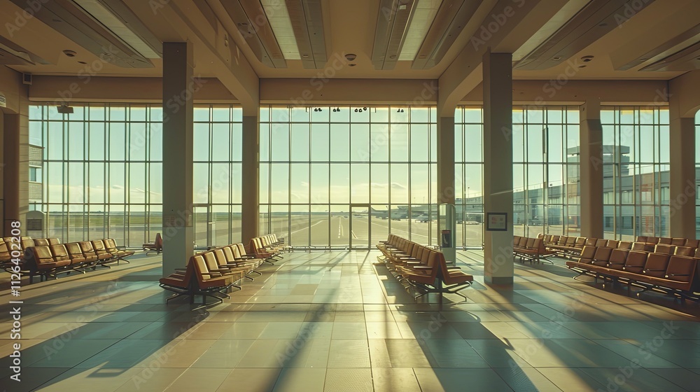 Sunlit Airport Departure Lounge with Runway View and Empty Seats Sunlit Airport Departure Lounge with Runway View and Empty Seats