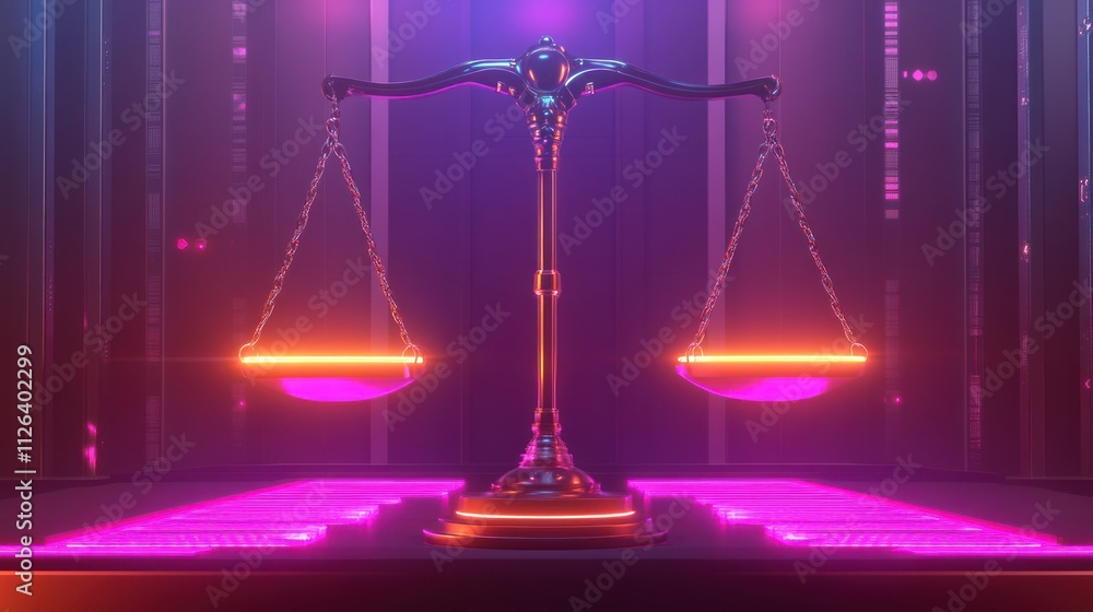 A futuristic depiction of balanced scales representing justice and fairness in a digital world. A futuristic depiction of balanced scales representing justice and fairness in a digital world.