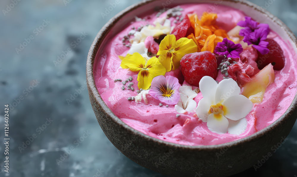 Vibrant pink smoothie bowl, healthy breakfast, topped with colorful flowers and fruits. delightful and refreshing start to day Vibrant pink smoothie bowl, healthy breakfast, topped with colorful flowers and fruits. delightful and refreshing start to day
