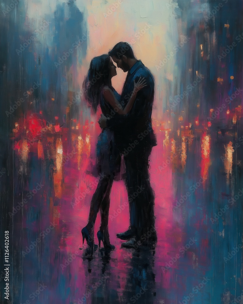 Painting of a man and woman dancing tango on a city street at night. Painting of a man and woman dancing tango on a city street at night.