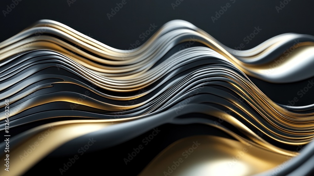 Abstract waves of silver and gold create a dynamic visual flow against a dark background. Abstract waves of silver and gold create a dynamic visual flow against a dark background.