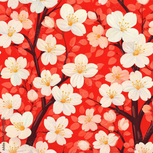 Vibrant cherry blossom design with glowing golden highlights on red