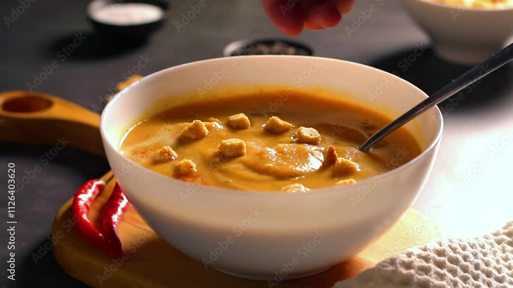 Woman adding rusks to pumpkin soup. Tasty homemade food. Served table with bowl of cream soup, chili pepper on wooden tray. Woman adding rusks to pumpkin soup. Tasty homemade food. Served table with bowl of cream soup, chili pepper on wooden tray.