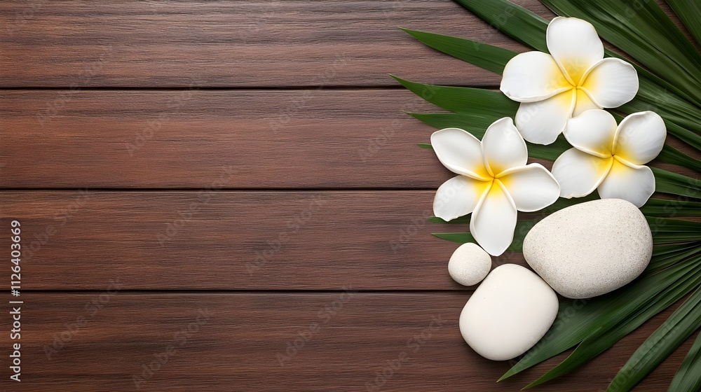Tranquil Arrangement of White Flowers and Smooth Stones on Natural Wooden Background for Spa and Wellness Themes Tranquil Arrangement of White Flowers and Smooth Stones on Natural Wooden Background for Spa and Wellness Themes