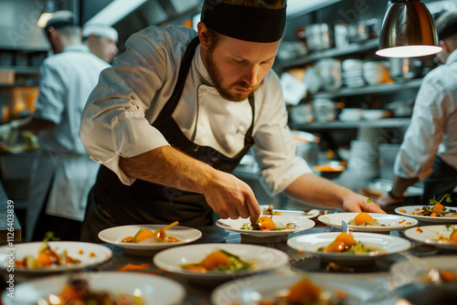 Generative AI Depiction of a Professional Male Chef Working in a Busy Restaurant Kitchen photo