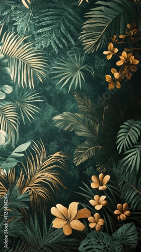 Realistic jungle wallpaper with vintage graphic design and precisionist details