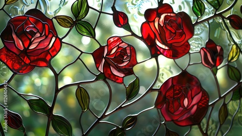 Fototapeta Naklejka Na Ścianę i Meble -  Red rose flower Stained glass window 