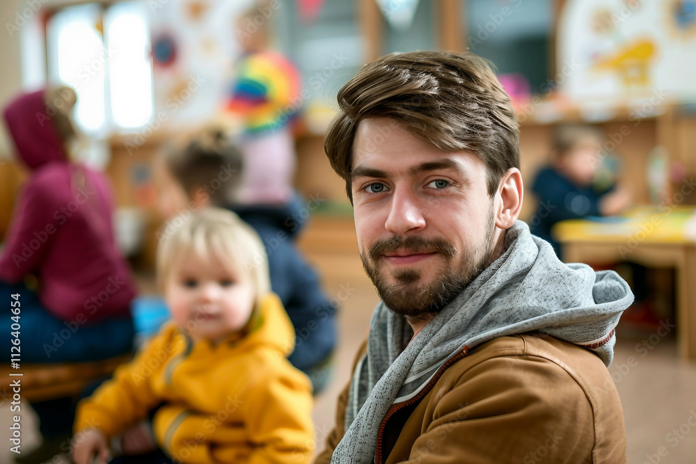 Generative AI Image of Male Babysitter or Teacher in Nursery Engaging with Children in Playful Setting Generative AI Image of Male Babysitter or Teacher in Nursery Engaging with Children in Playful Setting