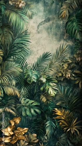 Realistic jungle wallpaper with vintage graphic design and precisionist details