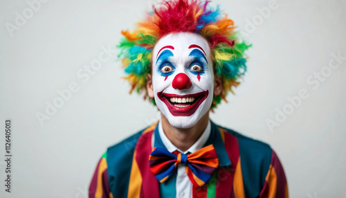 A cheerful clown with vibrant face paint, accessories, and a wide smile, on a white background.

 photo