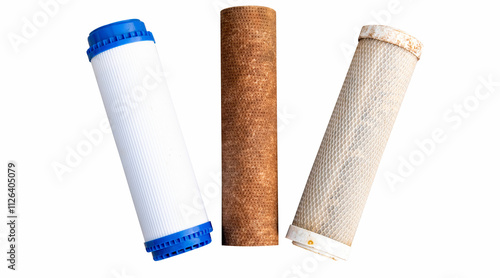 Dirty used filter cartridge set used water filter core background separation