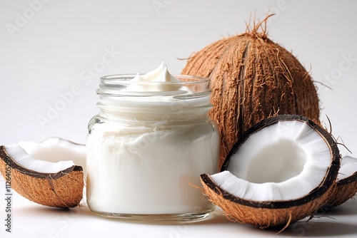 Cream in jar beside split coconuts on white