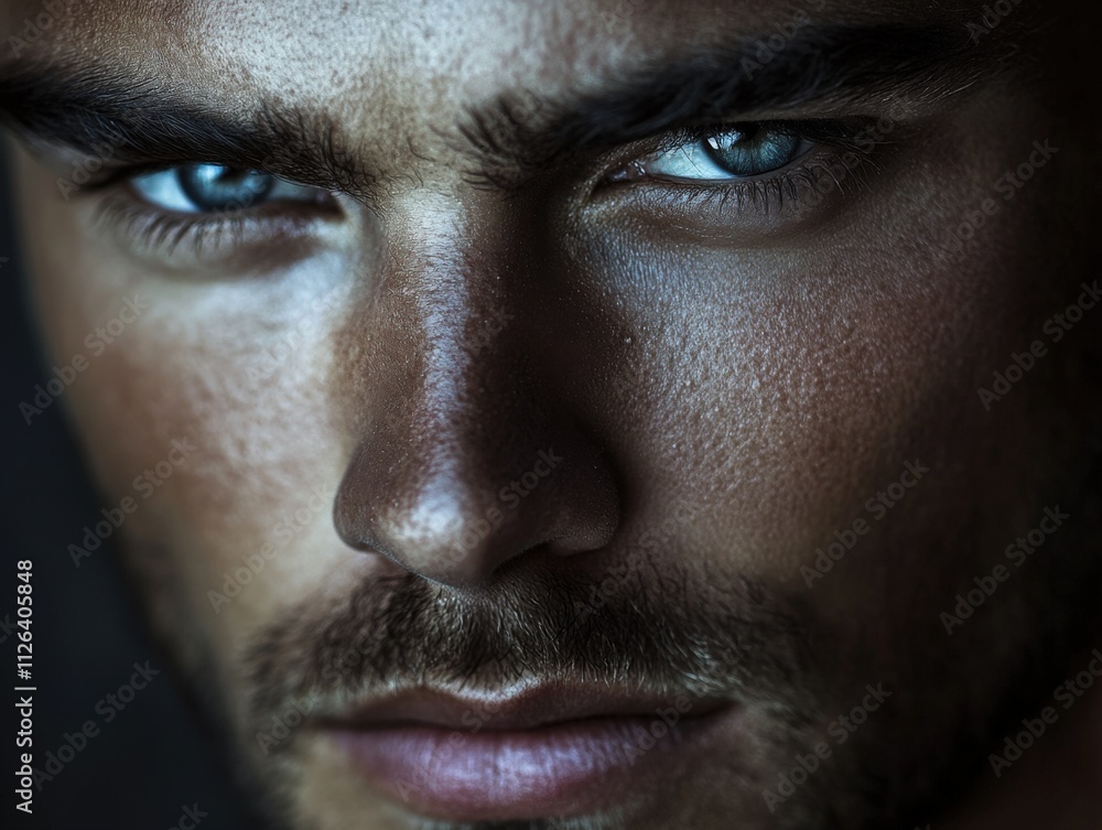 close-up portrait of a man with striking blue eyes and strong features close-up portrait of a man with striking blue eyes and strong features