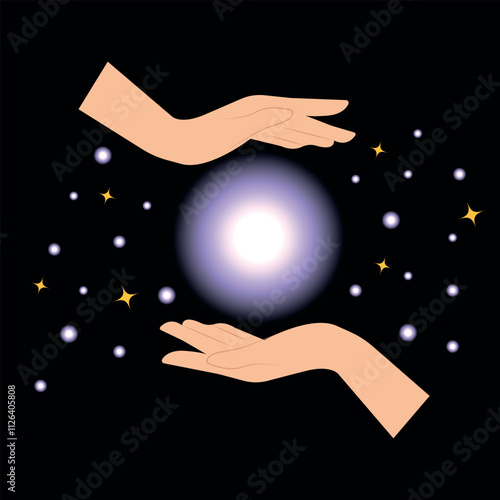Astrology, metaphysics science. Vector with human hands and glowing ball. Influence of space