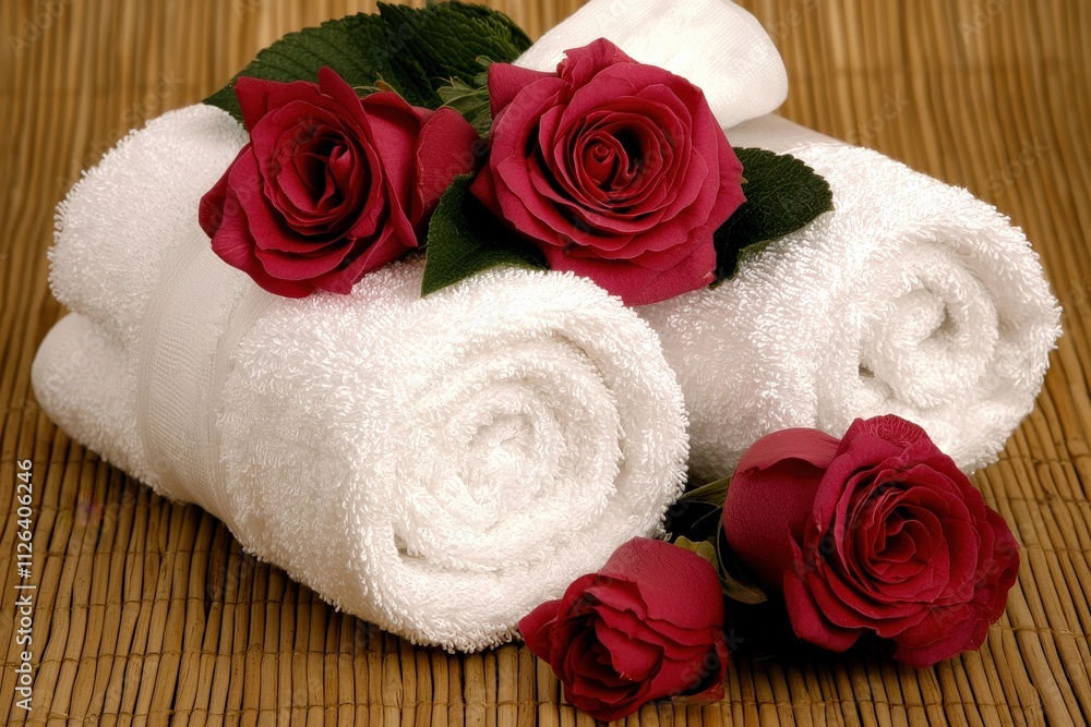 Relaxing Spa Experience with White Towels and Red Roses Indoor Setting Still Life Composition Tranquil Atmosphere Relaxing Spa Experience with White Towels and Red Roses Indoor Setting Still Life Composition Tranquil Atmosphere