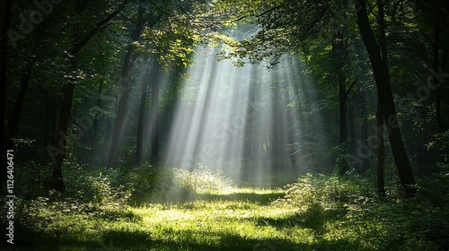 A dark forest with beams of sunlight breaking through the trees, symbolizing hope and clarity emerging from confusion.