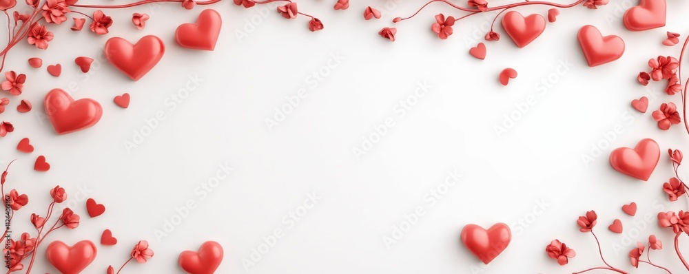 A romantic arrangement of red hearts and delicate flowers, creating a charming frame on a soft white background. A romantic arrangement of red hearts and delicate flowers, creating a charming frame on a soft white background.
