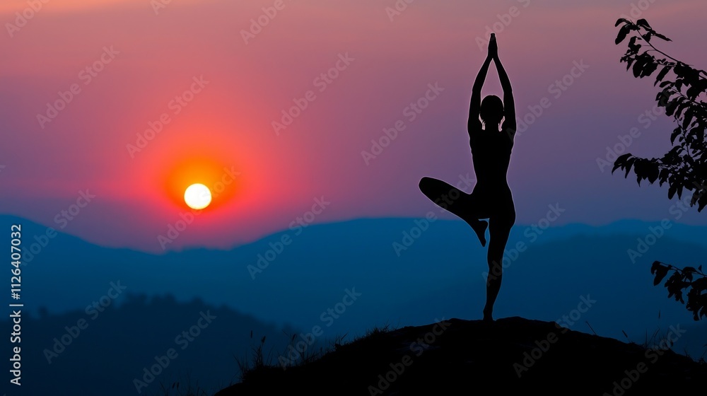 At the break of dawn, a figure stands silhouetted on a mountaintop, practicing yoga amid a breathtaking sunrise. The serene colors fill the sky, inviting peace and reflection