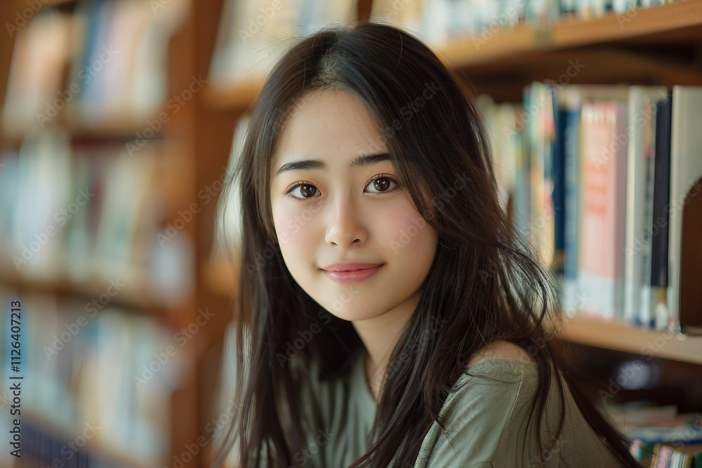 Generative AI Portrait of a Smiling Student in a Library Generative AI Portrait of a Smiling Student in a Library