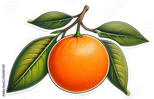 handrawn illustration A sticker of a A single ripe orange with green leaves on a branch. isolated on a transparent background, PNG.